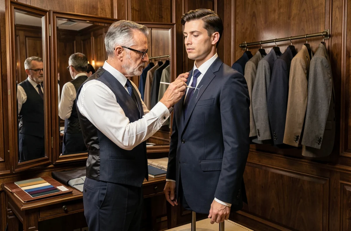 Tailleur traçant avec précision les marques d'ajustement sur un costume sur mesure chez A 4 Epingles