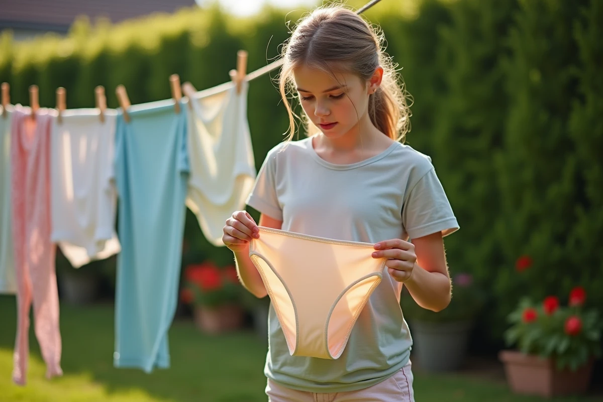 Adolescente inspectant un maillot de bain dans le jardin