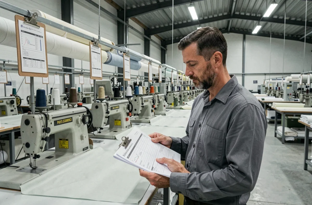 Façonnier textile d'A.M. Façons en Pays de la Loire supervisant une ligne de production de machines industrielles