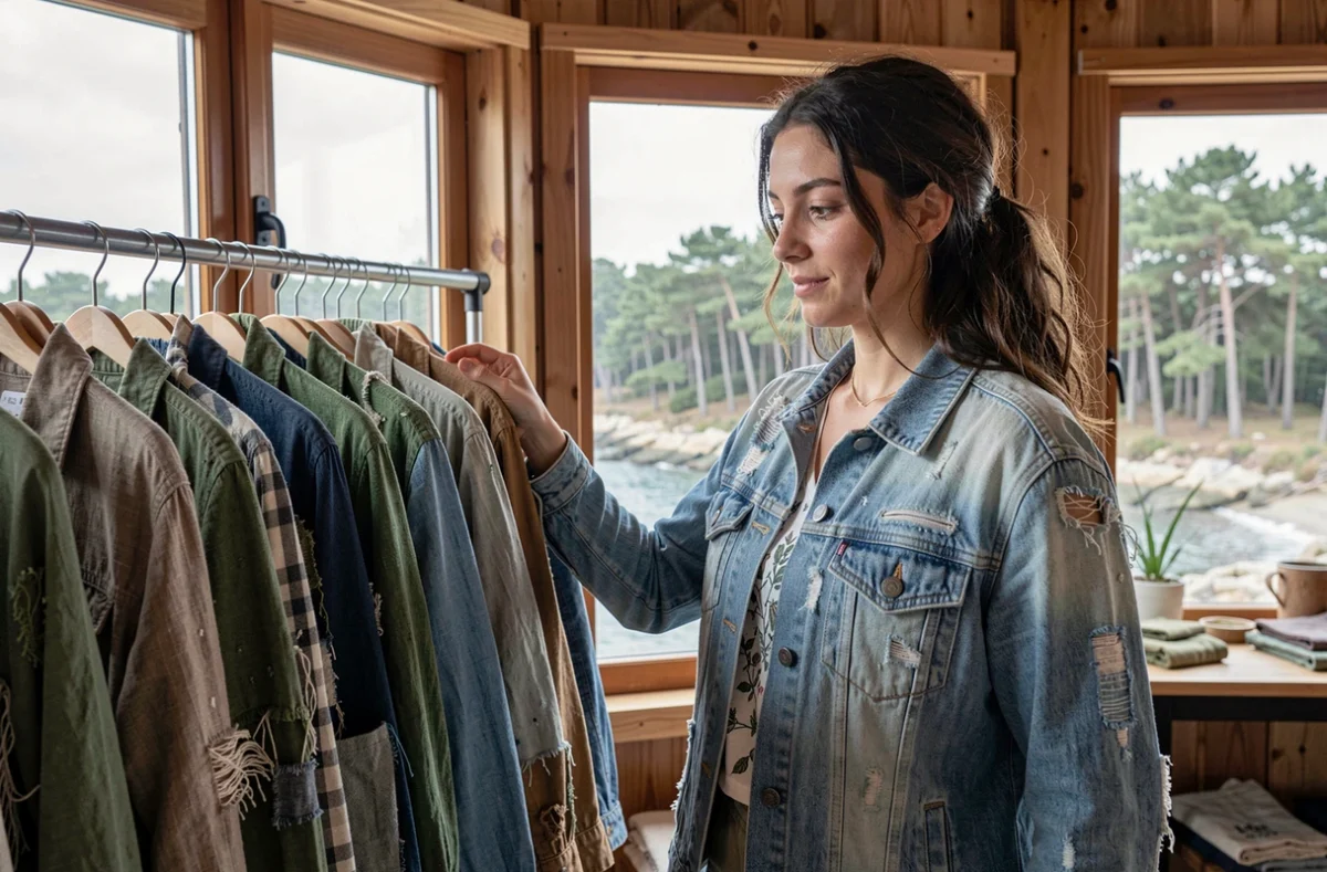 Atelier de mode écoresponsable AMAR Upcycling au Cap-Ferret avec des vêtements remontés en tissus recyclés