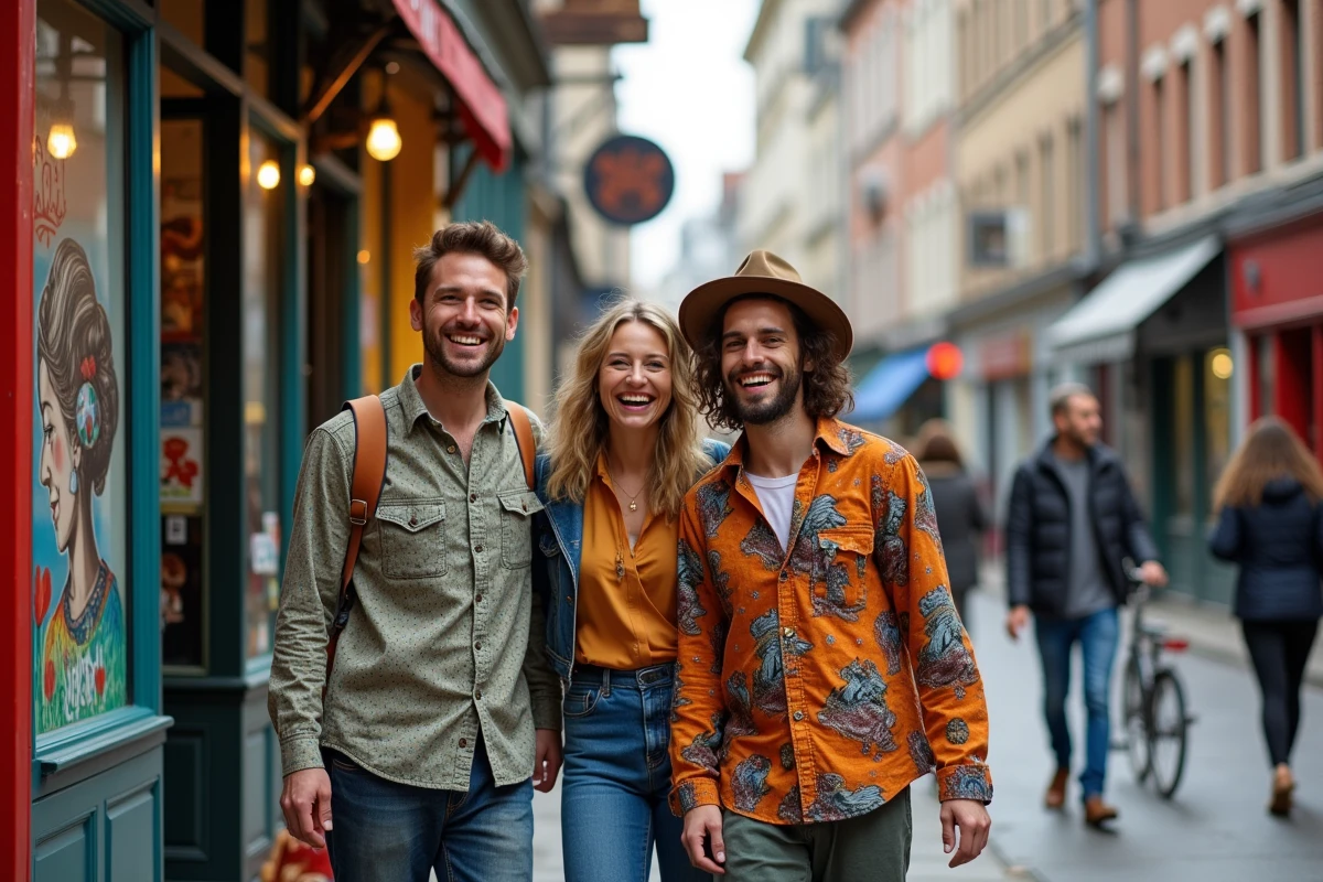 Trois amis vintage souriants dans la rue de Lille