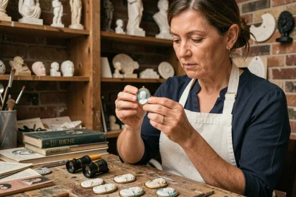Artisane experte examinant un camée en coquille avec une loupe dans un atelier de joaillerie traditionnel