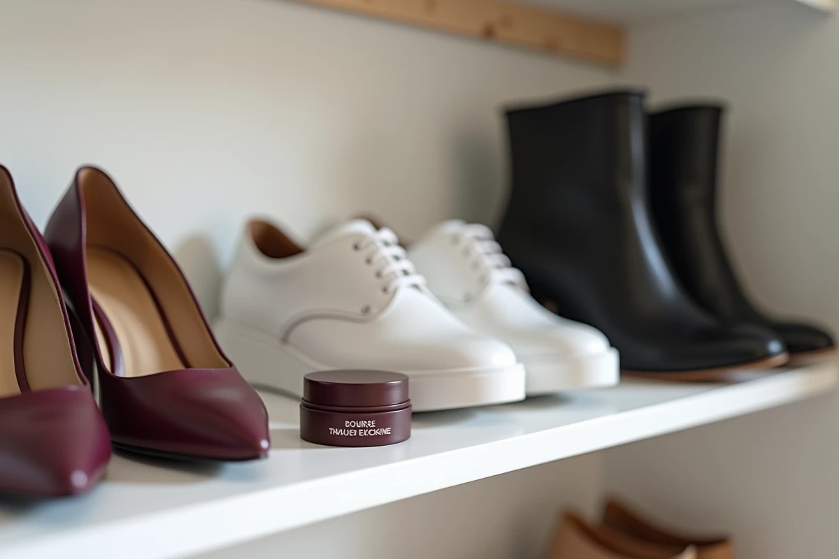 Étagère de chaussures multicolores avec un pot de cire incolore comme solution universelle d'entretien