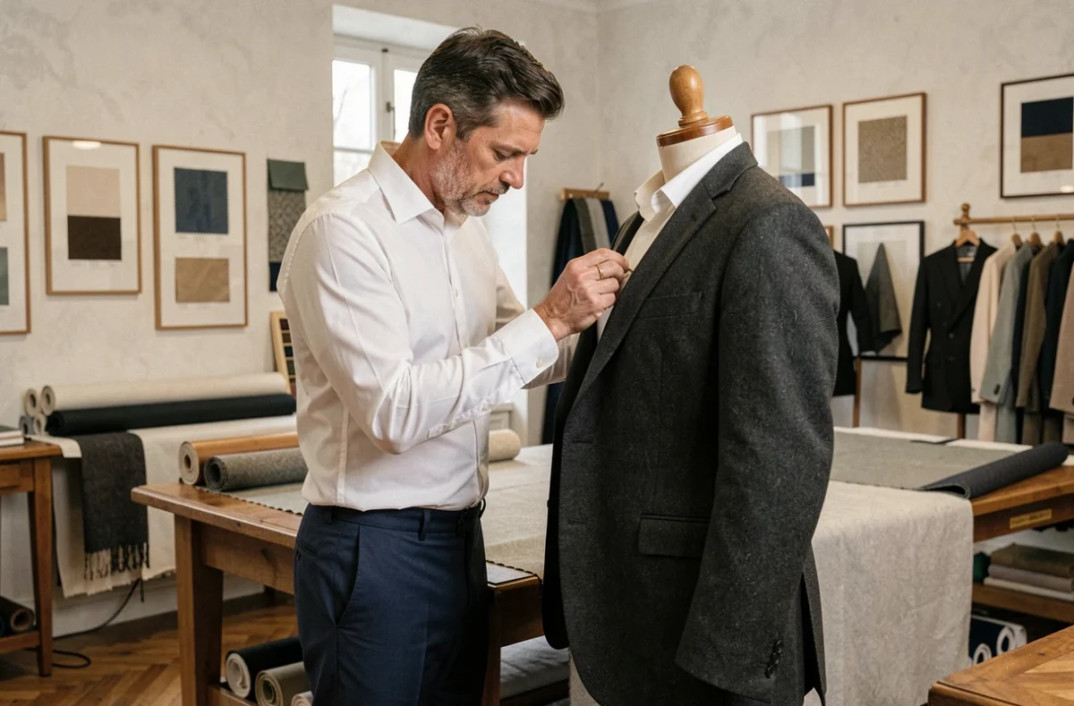 Tailleur expert cousant à la main le revers d'un costume sur mesure dans l'Atelier 5 à Nantes