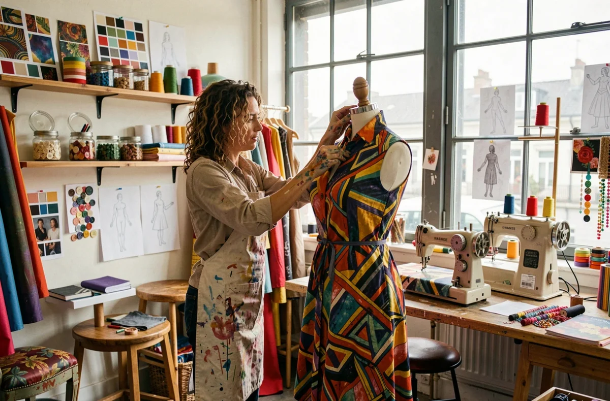 Créatrice épinglant un tissu coloré sur un mannequin dans l'atelier créatif Coqlico à Nantes