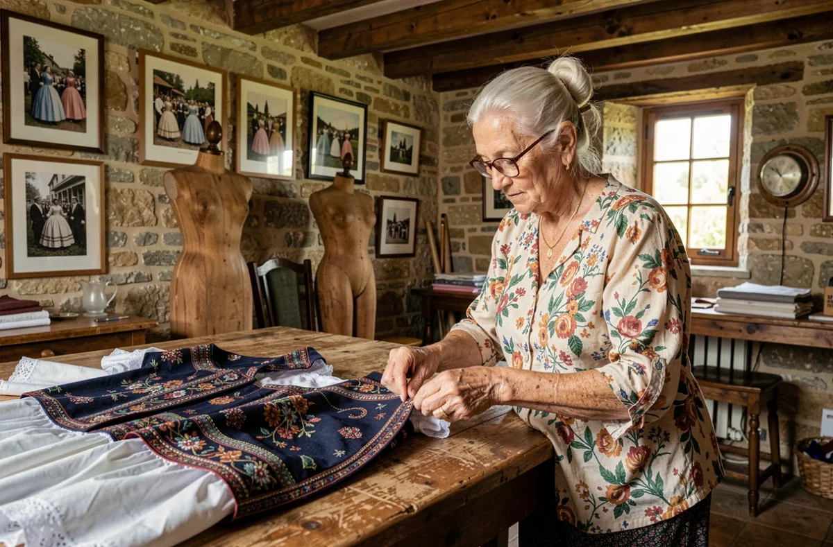 Couturière traditionnelle de l'Atelier de Couture Moutierrois ACM en Vendée finissant à la main un costume régional