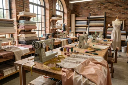 Atelier de couture artisanal dans les Pays de la Loire avec machines à coudre, tissus et mannequins