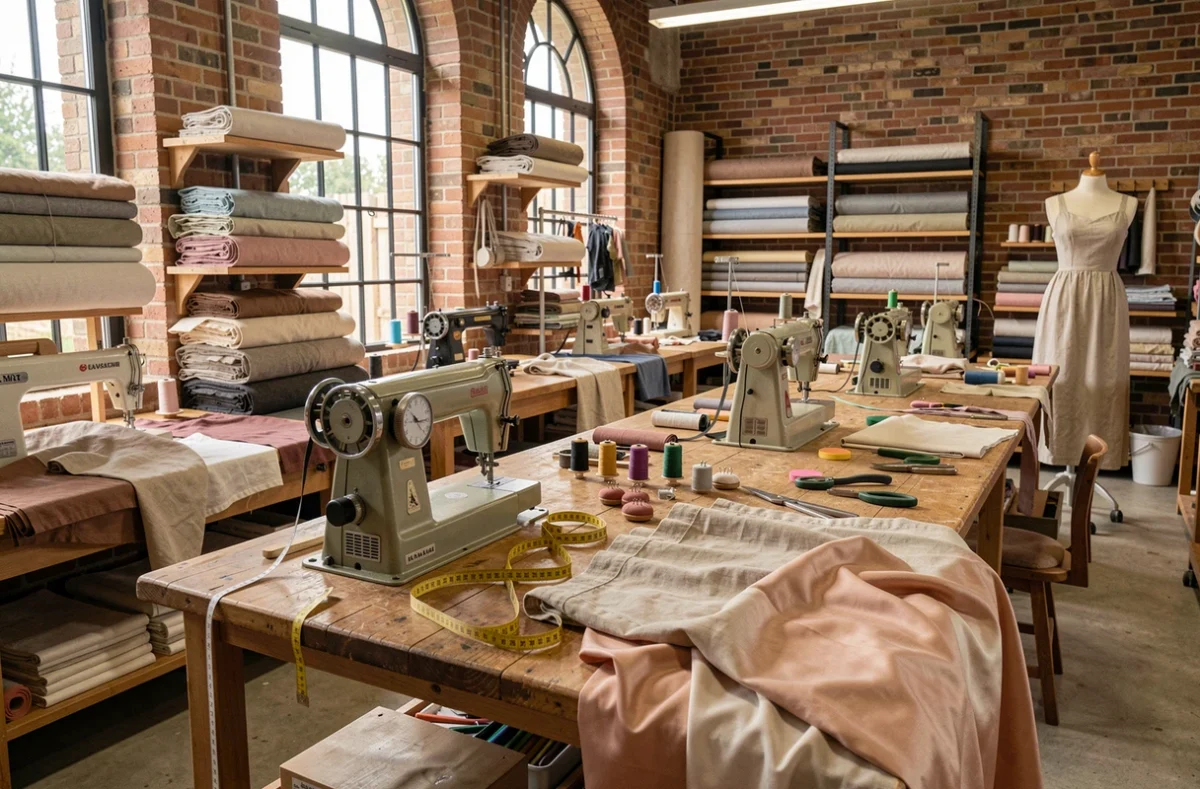 Atelier de couture artisanal dans les Pays de la Loire avec machines à coudre, tissus et mannequins