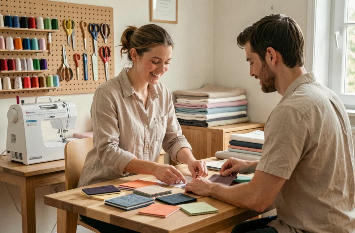 Jeune couturière accompagnant une première cliente dans le choix de tissus à l'Atelier Fil Rouge à Nantes