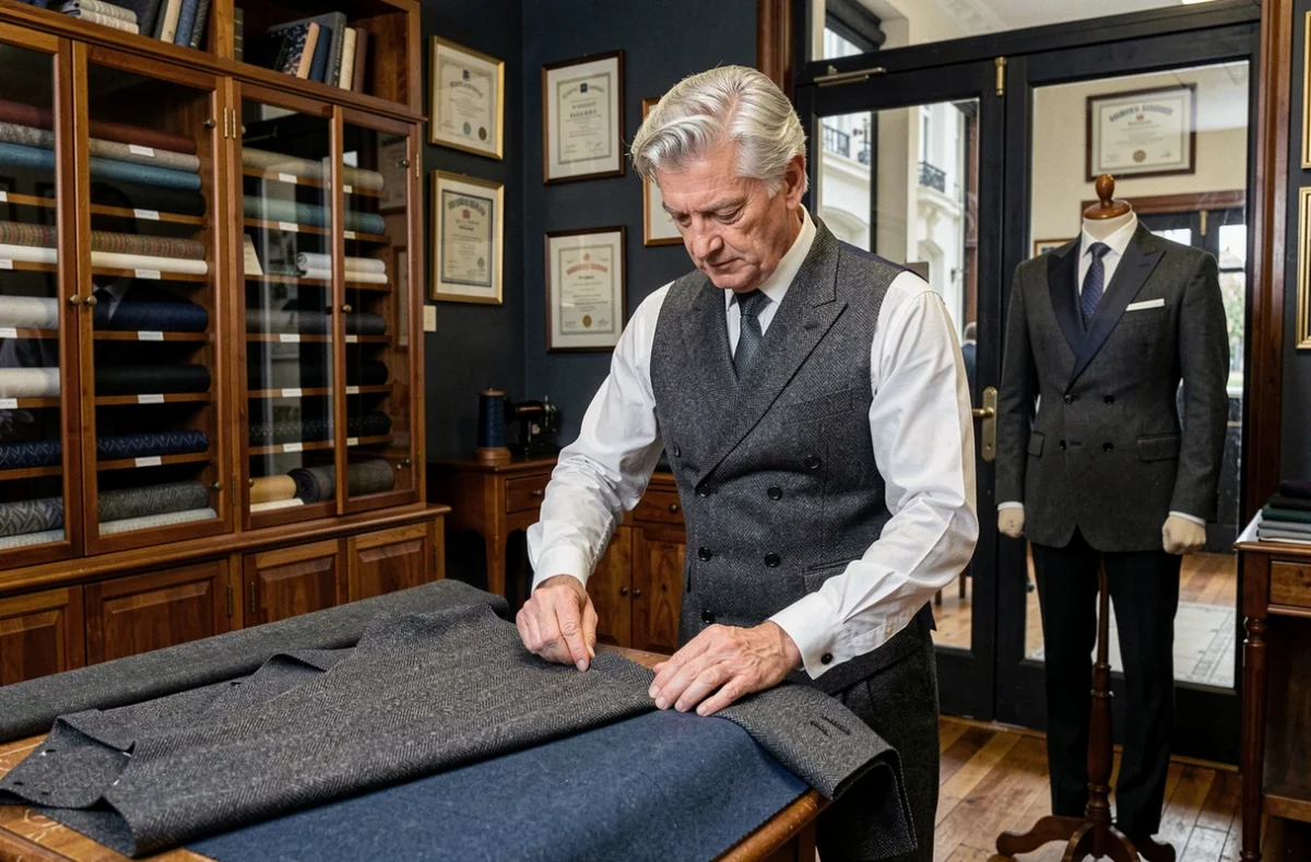 Tailleur classique expérimenté pliant un drap de laine dans son atelier traditionnel à Saint-Nazaire