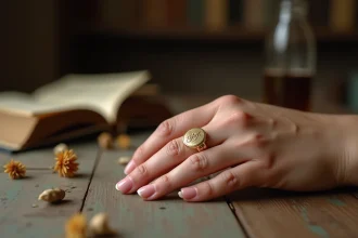 Bague chevalière femme personnalisée en or avec initiales gravées portée sur une main posée sur un bureau en bois