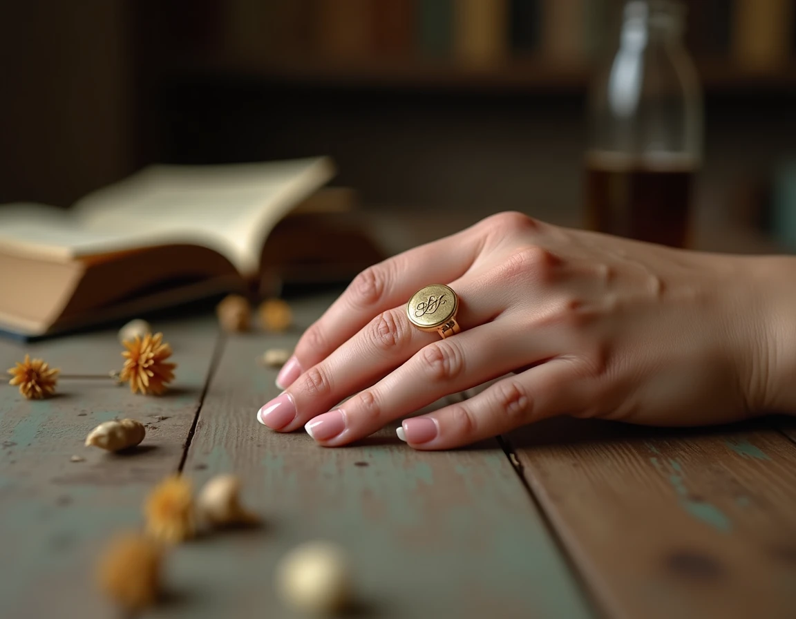Bague chevalière femme personnalisée en or avec initiales gravées portée sur une main posée sur un bureau en bois