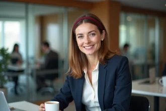 Femme professionnelle en blazer marine avec un bandeau cheveux bordeaux en velours, coiffure mi-longue soignée au bureau