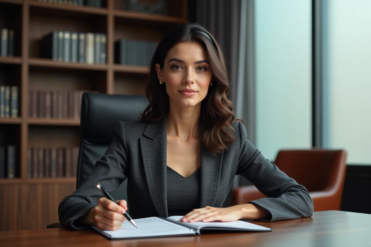 Femme cadre en robe blazer grise avec bandeau satin noir, coiffure mi-longue ondulée dans un bureau exécutif élégant