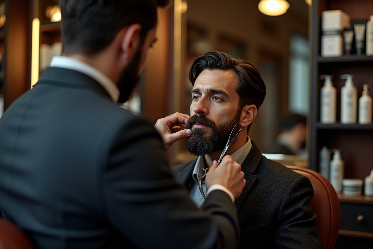 Barbier façonnant la barbe d’un client dans un salon vintage