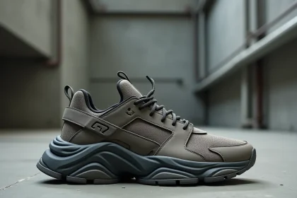 Baskets Balenciaga Triple S volumineuses pos&eacute;es sur b&eacute;ton brut, vue en plong&eacute;e 3/4 mettant en valeur la semelle &eacute;paisse et les mati&egrave;res superpos&eacute;es