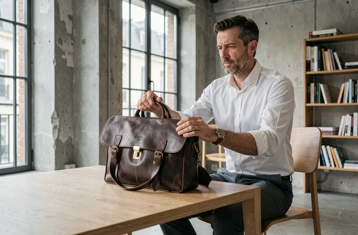 Homme professionnel avec une besace en cuir made in France posée sur un bureau dans un bureau parisien moderne