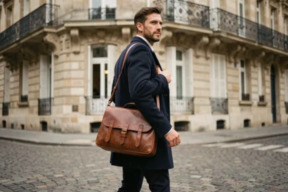 Homme élégant portant une besace en cuir cognac fabriquée en France dans une rue pavée parisienne