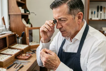Bijoutier professionnel examinant une bague en or avec une loupe dans son atelier de bijouterie