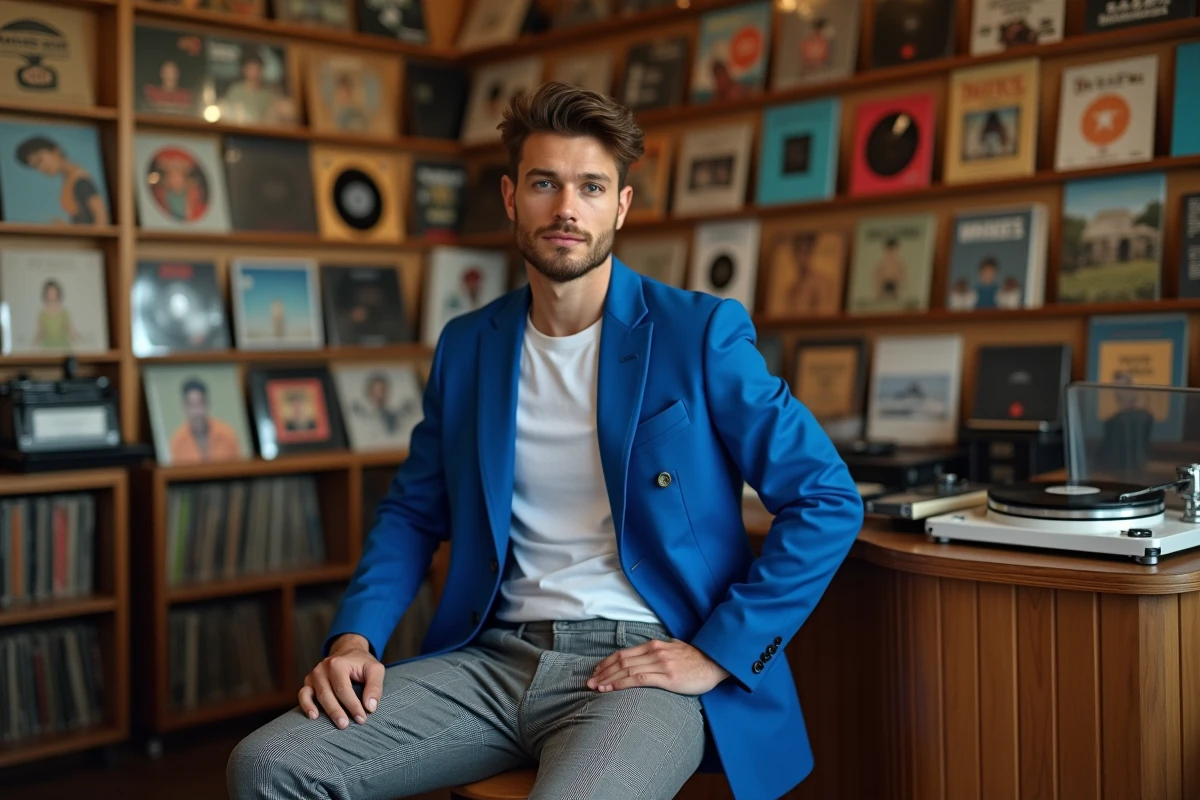 Homme en blazer mod bleu années 60 assis dans un magasin de disques vintage, silhouette mode homme rétro