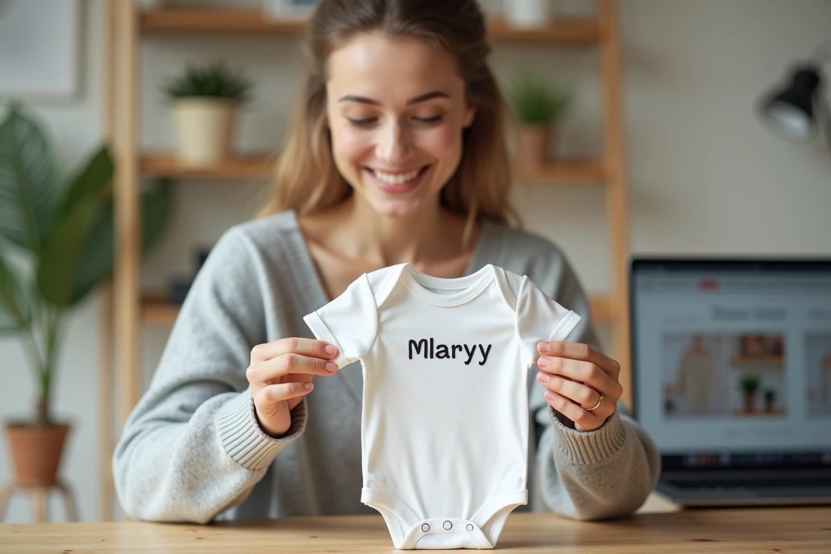 Jeune femme examinant un body bébé personnalisé avec prénom brodé, assis à un bureau en bois devant un ordinateur ouvert sur un site de personnalisation