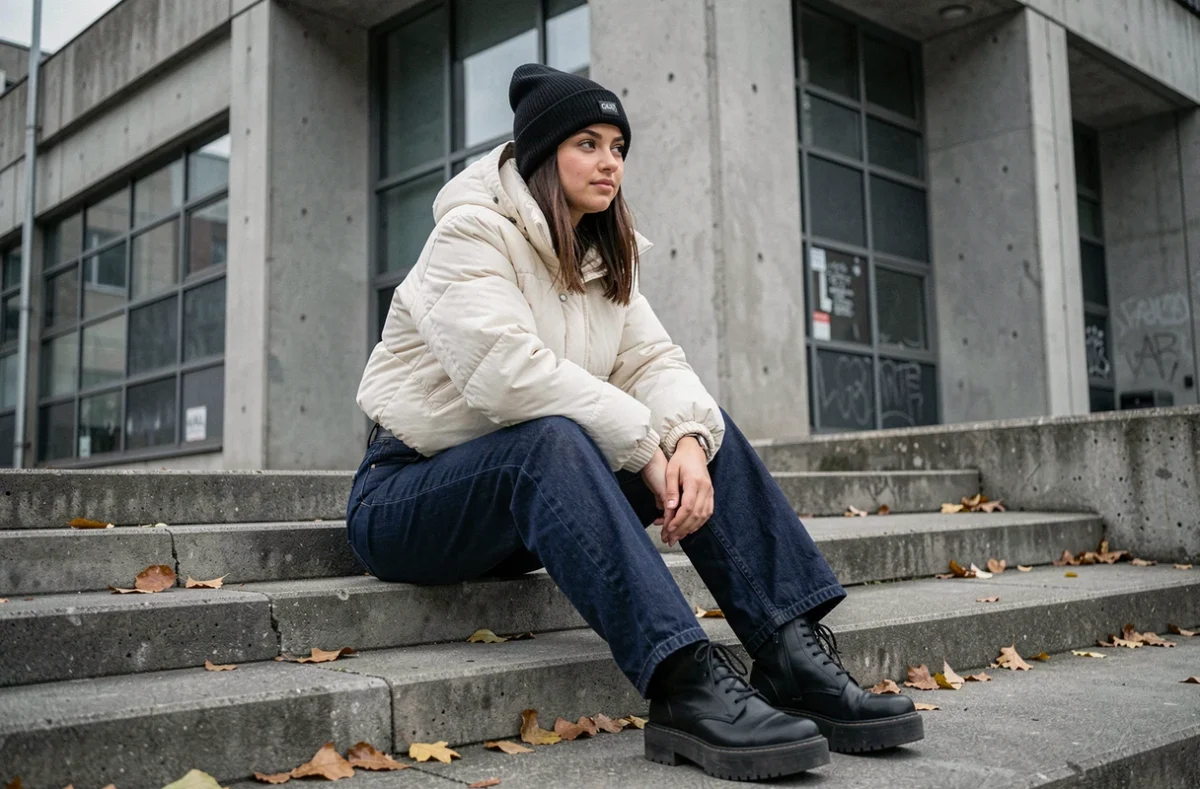 Jeune femme assise en tenue streetwear avec un bonnet Grvty noir, puffer jacket blanc et jean large indigo devant une façade en béton brut