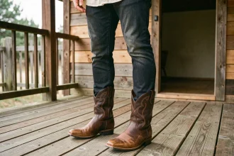 Homme en bottes cowboy marron en cuir sur un porche en bois rustique, style western élégant