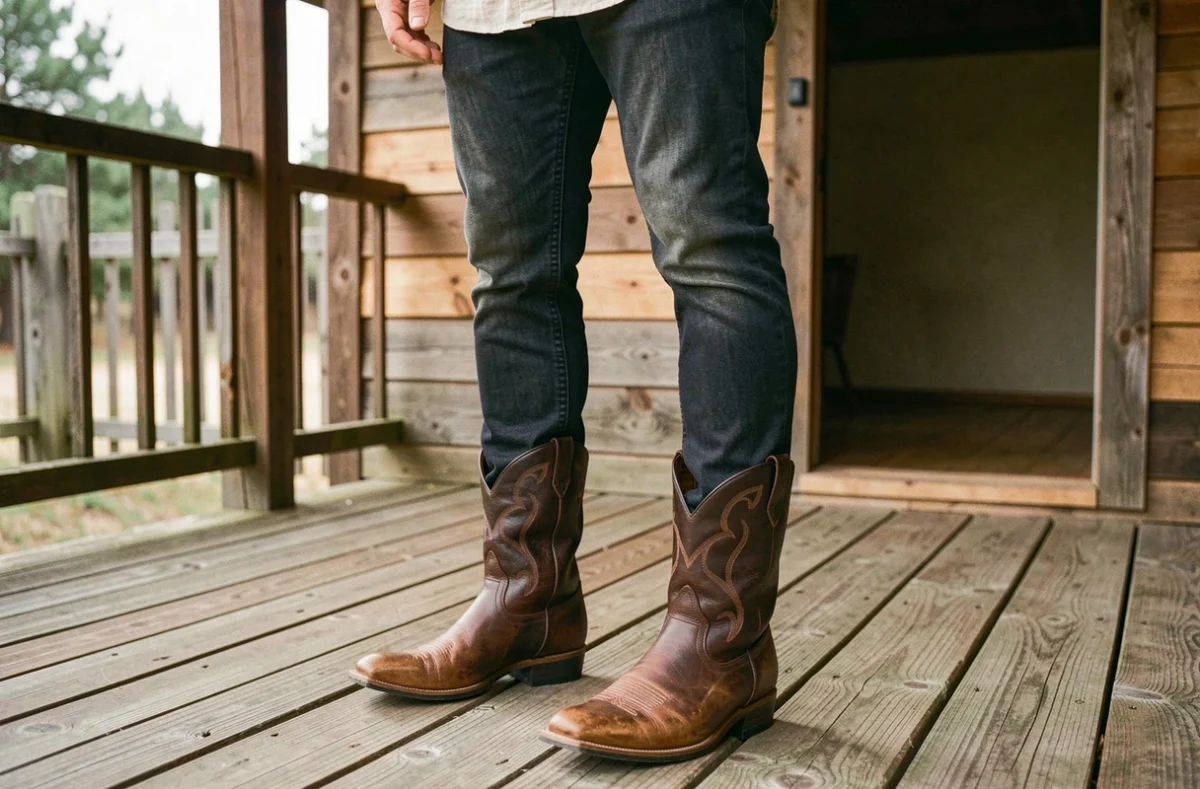 Homme en bottes cowboy marron en cuir sur un porche en bois rustique, style western élégant