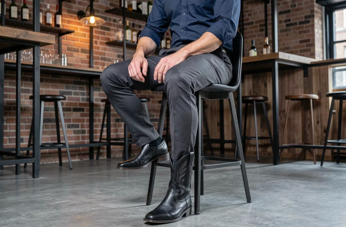Homme en bottes cowboy noires élégantes dans un bar urbain moderne avec murs en briques apparentes