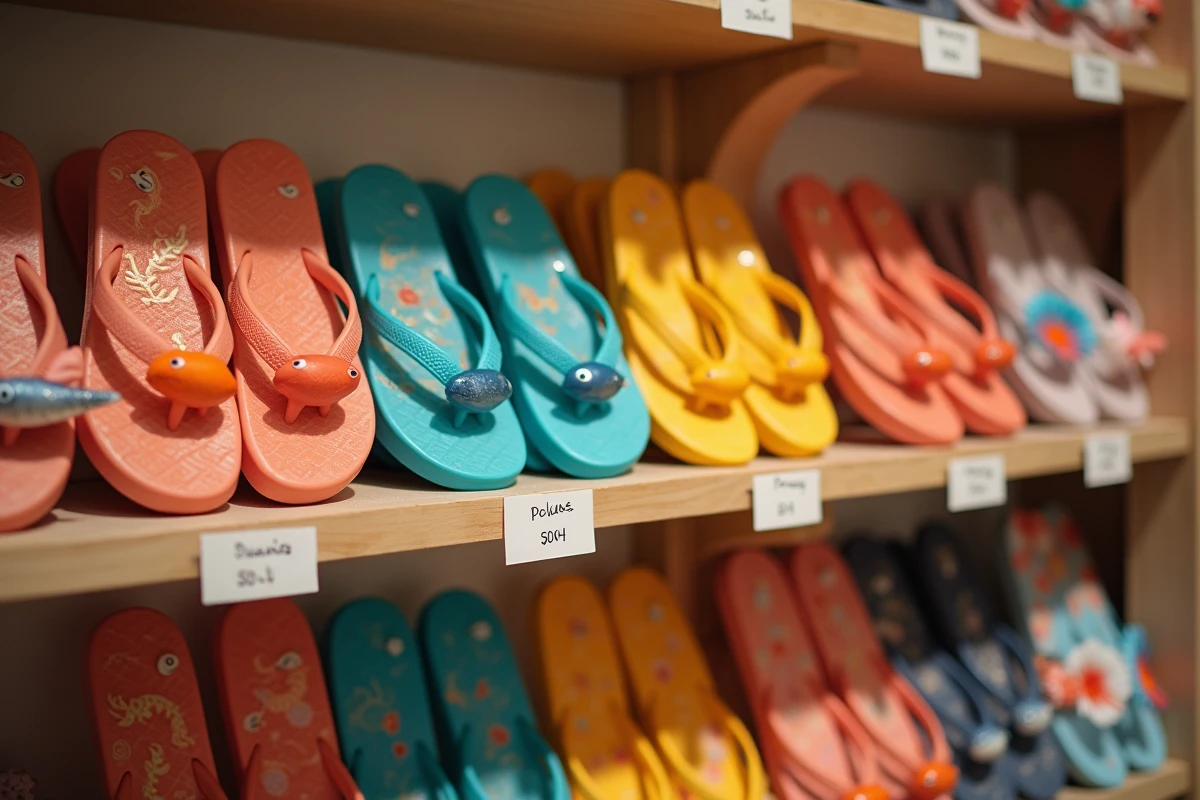 Assortiment de claquettes poisson insolites rangées sur les étagères d'une boutique originale française spécialisée en accessoires humoristiques