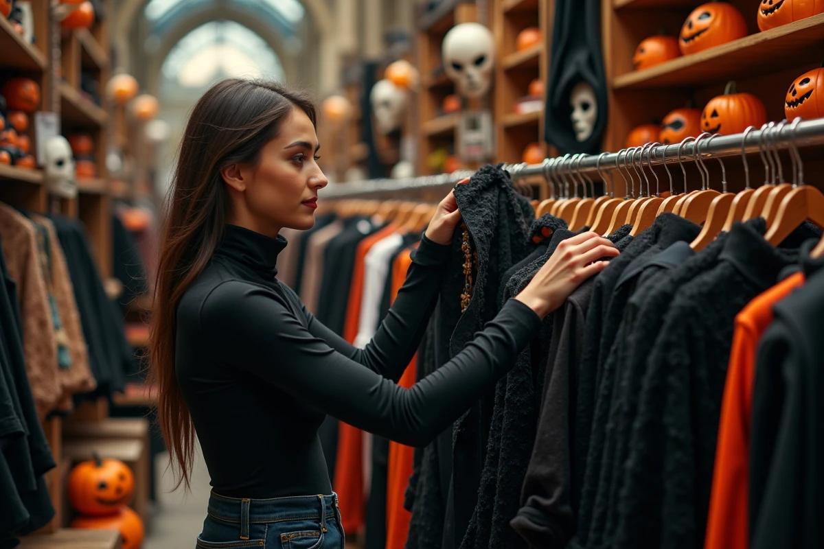 Femme parcourant des costumes d'Halloween dans une boutique parisienne aux murs en pierre apparente