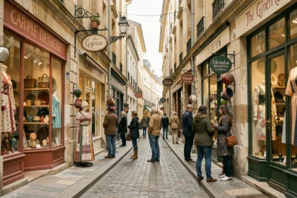 Rue commerçante de Bordeaux avec des boutiques de créateurs indépendants aux façades en pierre dorée et vitrines colorées