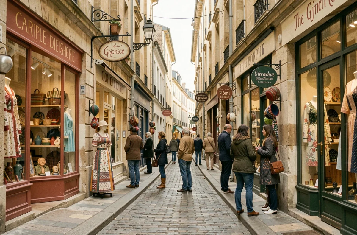 Rue commerçante de Bordeaux avec des boutiques de créateurs indépendants aux façades en pierre dorée et vitrines colorées