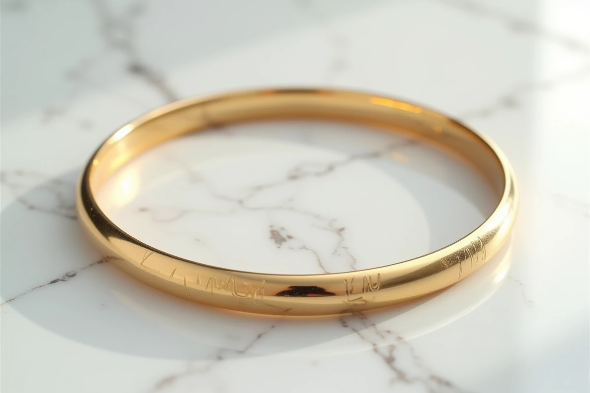Bracelet jonc en or jaune 18 carats posé sur marbre blanc, gros plan éditorial mettant en valeur la qualité et la durabilité du bijou