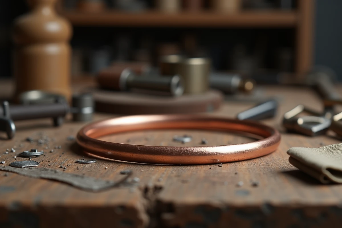 Bracelet jonc en or rose semi-poli sur établi d'artisan joaillier, outils de bijouterie visibles, évoquant le savoir-faire et la durabilité