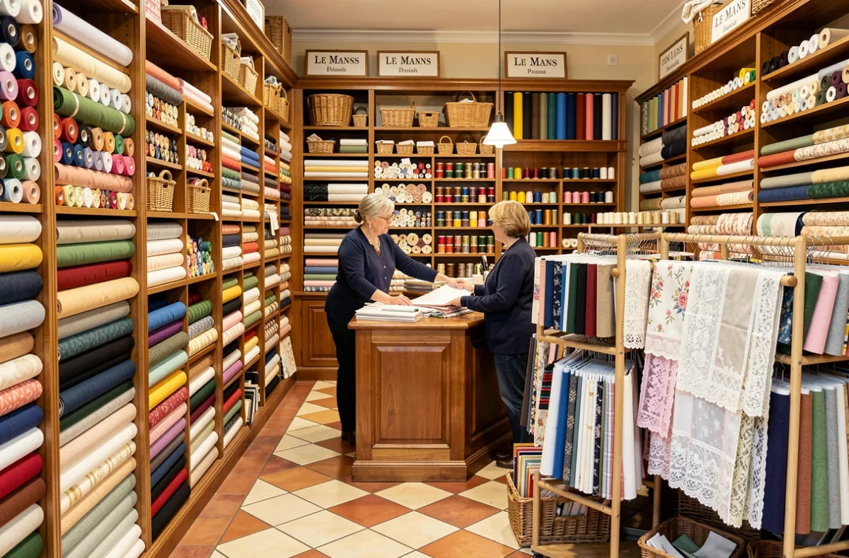 Intérieur de la mercerie Cap Tissus au Mans avec rayons de tissus colorés et service client au comptoir