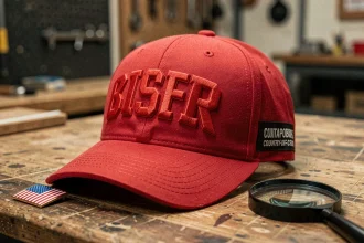 Casquette rouge style MAGA posée sur une table en bois avec loupe et drapeau américain pour vérifier la fabrication américaine