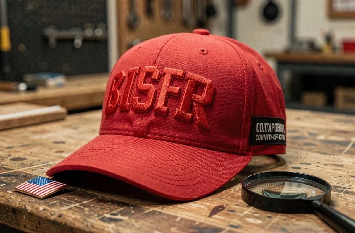 Casquette rouge style MAGA posée sur une table en bois avec loupe et drapeau américain pour vérifier la fabrication américaine