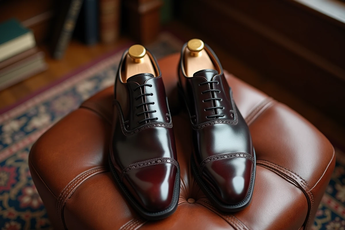 Paire de chaussures élégantes avec formes en bois sur un ottoman en cuir