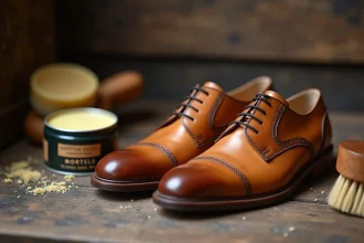 Chaussures en cuir tan posées sur une table en bois avec un pot de cire incolore et une brosse à lustrer