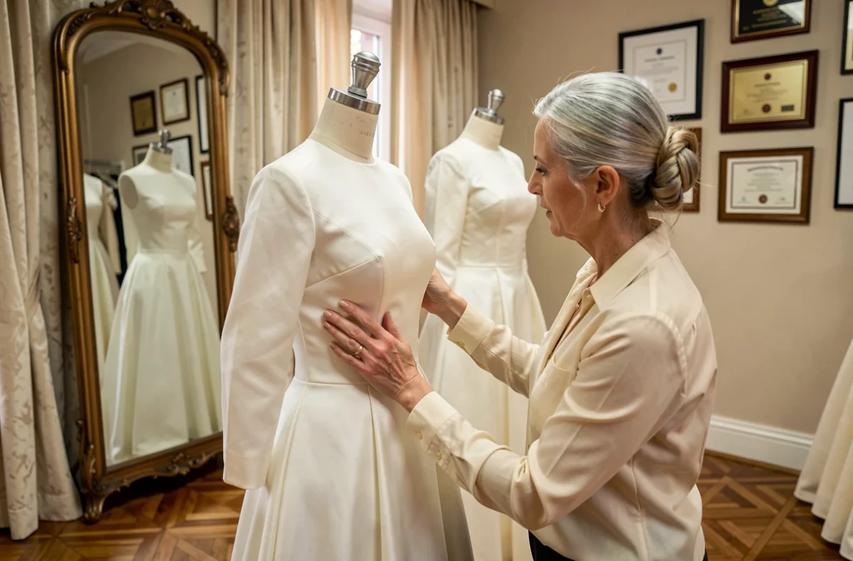 Maître artisan couturière ajustant une robe de mariée sur mesure dans l'atelier Cisaline Couture à Angers