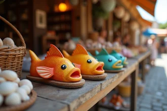 Claquettes en forme de poisson colorées exposées sur un étal de marché côtier français en bois rustique