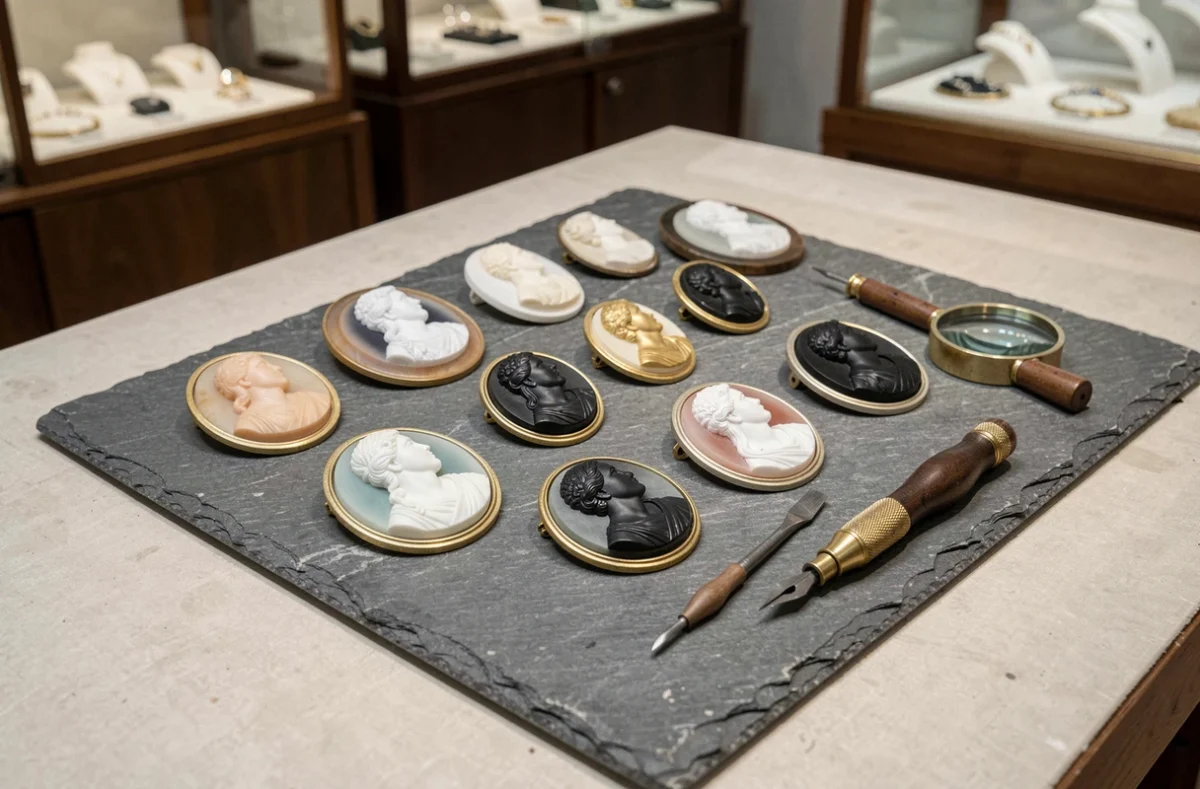 Collection de camées anciens et contemporains en coquille et pierres dures disposés sur ardoise avec outils de joaillier