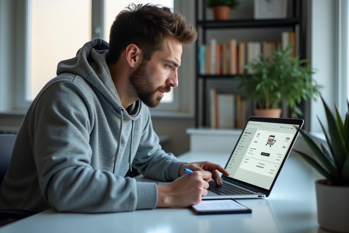 Homme comparant des commandes en ligne sur un ordinateur portable pour regrouper ses achats SHEIN