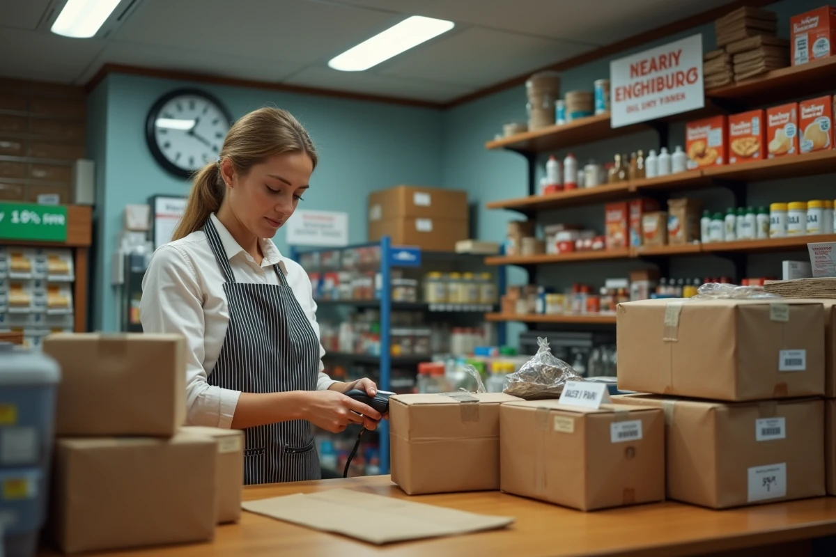 Commerçante gérant un point relais Vinted ouvert en soirée dans une épicerie de quartier
