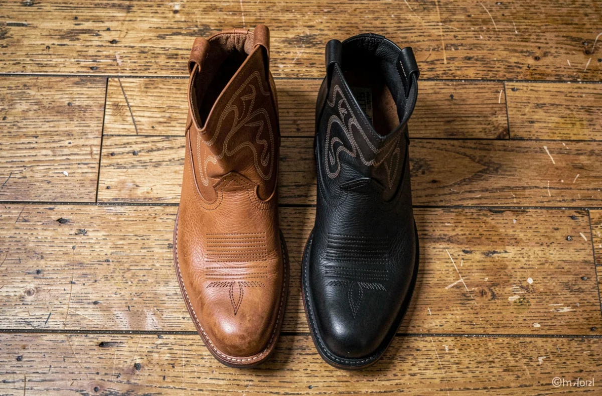 Comparaison botte cowboy homme marron et noire posées côte à côte sur parquet en chêne