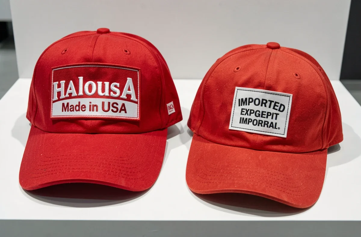 Comparaison côte à côte de deux casquettes rouges dont une authentique made in USA avec étiquette brodée et coutures denses