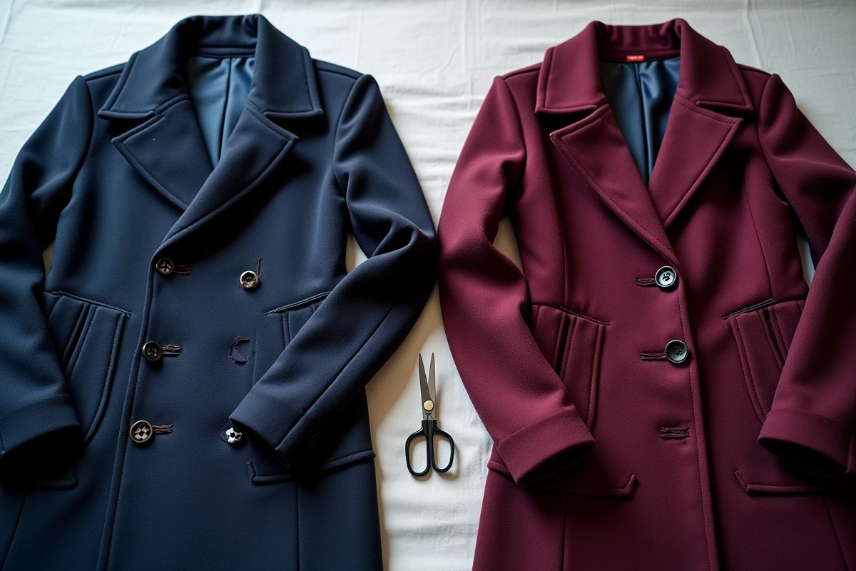 Comparaison de poches cousues d'un manteau homme bleu marine et d'un manteau femme bordeaux posés à plat avec des ciseaux et un découd-vite