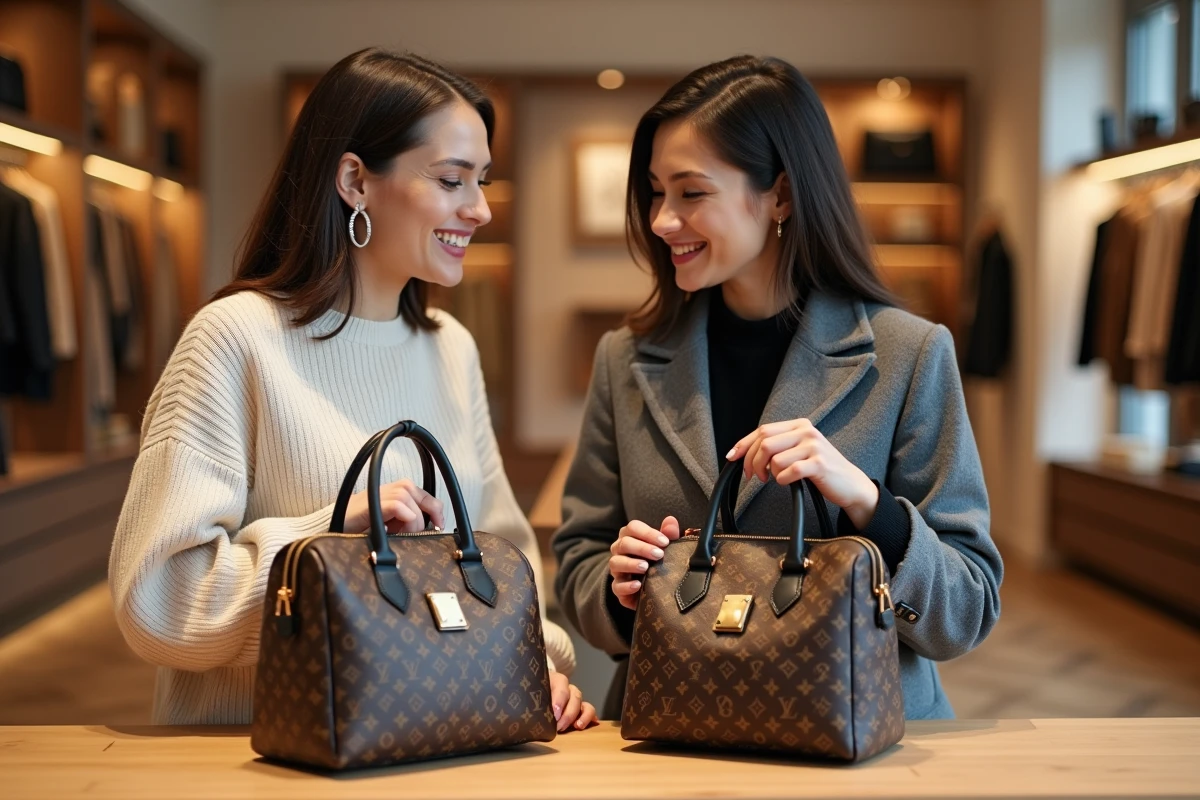 Deux femmes comparant côte à côte deux sacs à main monogramme sur un comptoir de boutique pour repérer les différences d'authenticité entre un vrai et un faux Louis Vuitton