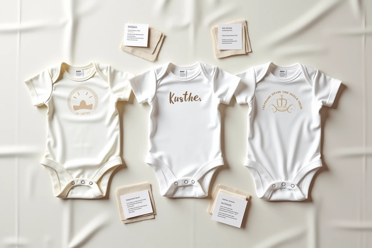 Flat lay de trois bodys bébé personnalisés avec différentes techniques de marquage, accompagnés d'étiquettes de composition et de symboles d'entretien sur lin blanc